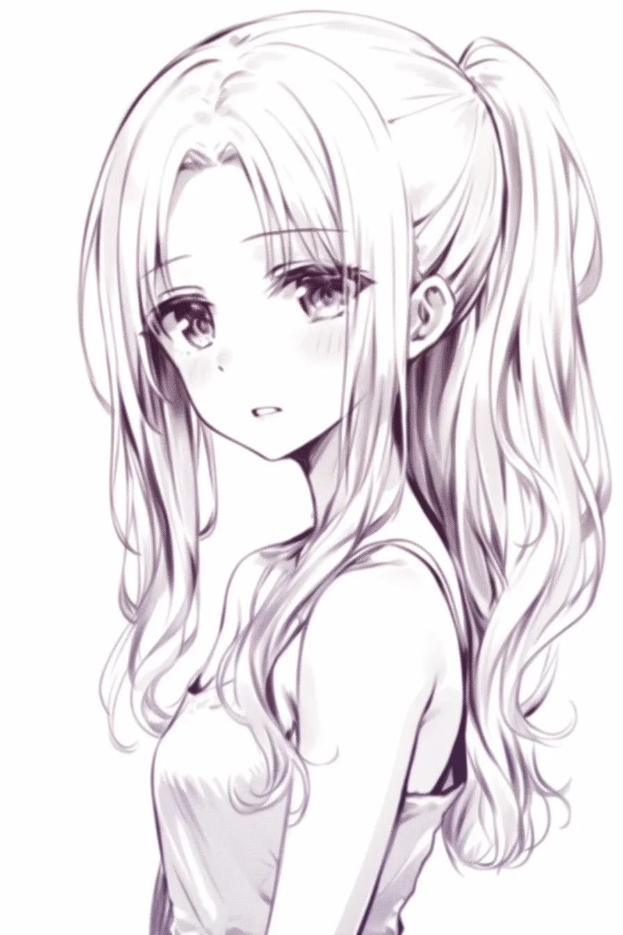 前髪なしのポニーテール｜【基本構造】正面寄りの半身でポニーテールを描き方に取り込み、額を出して顔全体を明るくしています。肩のラインはゆるやかにし、身体の流れを強調。<br>【演出の方向性】髪を後ろにまとめ、前髪を隠さないことで素直で率直な印象を与えます。淡い線画表現が清楚さや儚げな雰囲気を生んでいます。<br>