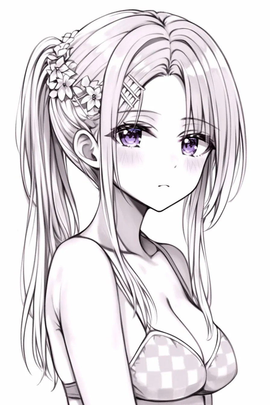 デコ出しの花飾りスタイル｜【基本構造】ロングヘアを後方でまとめ、額を広く開ける描き方で、髪飾りのボリュームが頭部のシルエットを彩っています。<br>【演出の方向性】花飾りが華やかさを添える一方、デコ出しにより顔立ちの整いが強調され、清楚さと上品さが同時に引き立っています。<br>