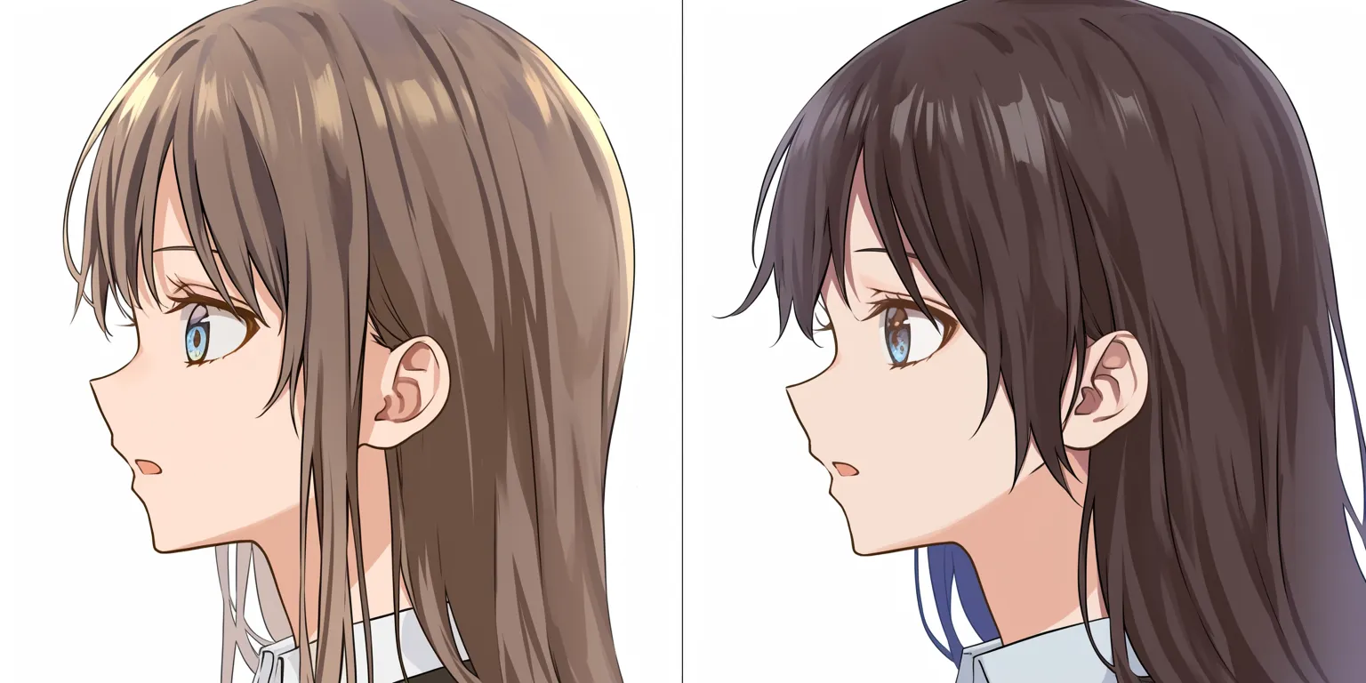 髪型の横顔比較｜【基本構造】2人の横顔を並列する描き方で、髪の長さや毛束の厚みを変えて整理しています。<br>【演出の方向性】光の入り方や髪質の違いが、片方は柔和に、もう片方は活発に見せる効果を持ちます。髪型の微妙な差がキャラクター像に影響します。<br>