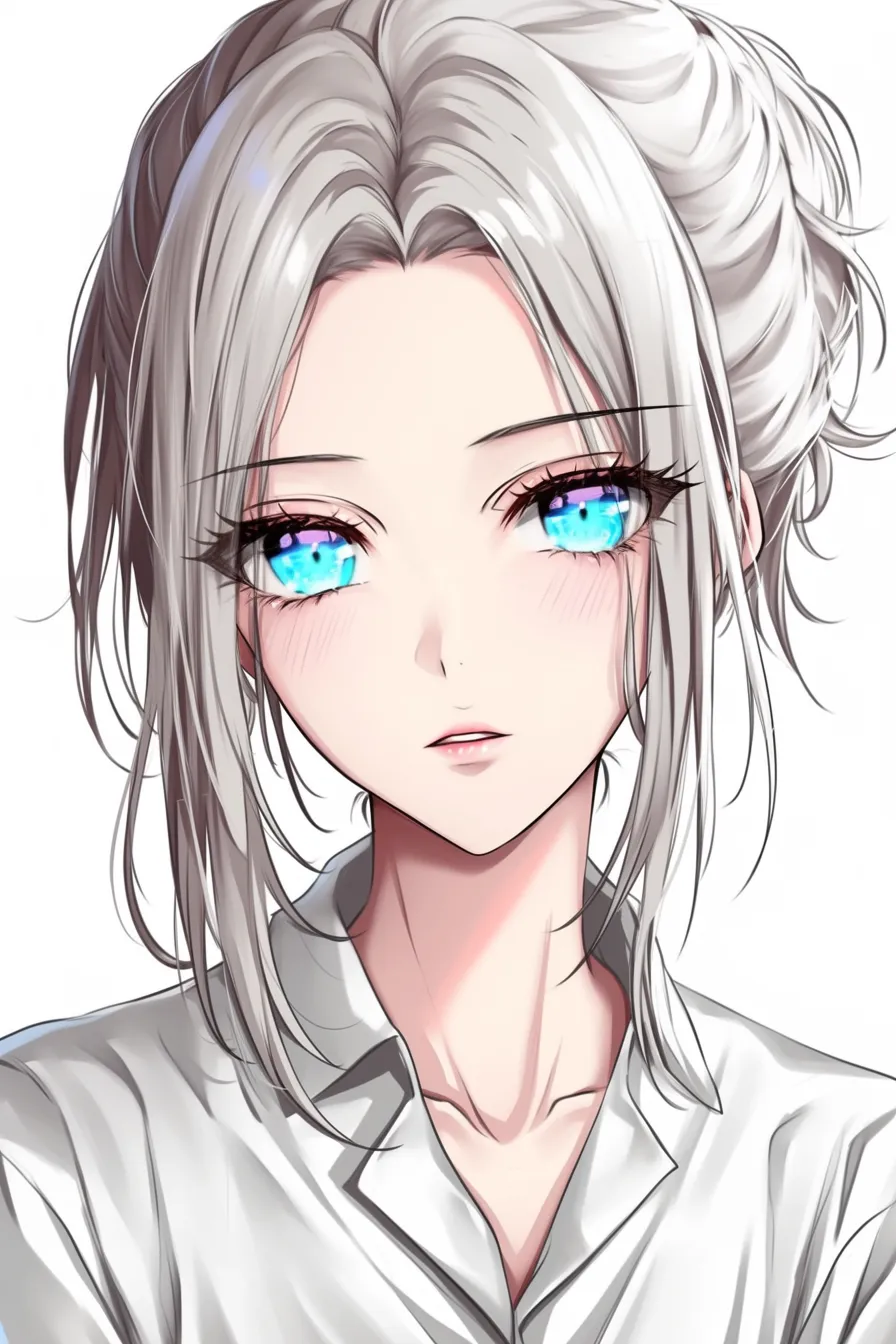 デコ出しのまとめ髪｜【基本構造】額を全て出しつつ髪を後方にまとめる描き方で、正面からの構図で頬や瞳が引き立ちます。<br>【演出の方向性】青い瞳とデコ出しが相互に作用し、清涼感と気品を際立たせています。表情の柔らかさが親しみやすさを加えています。<br>