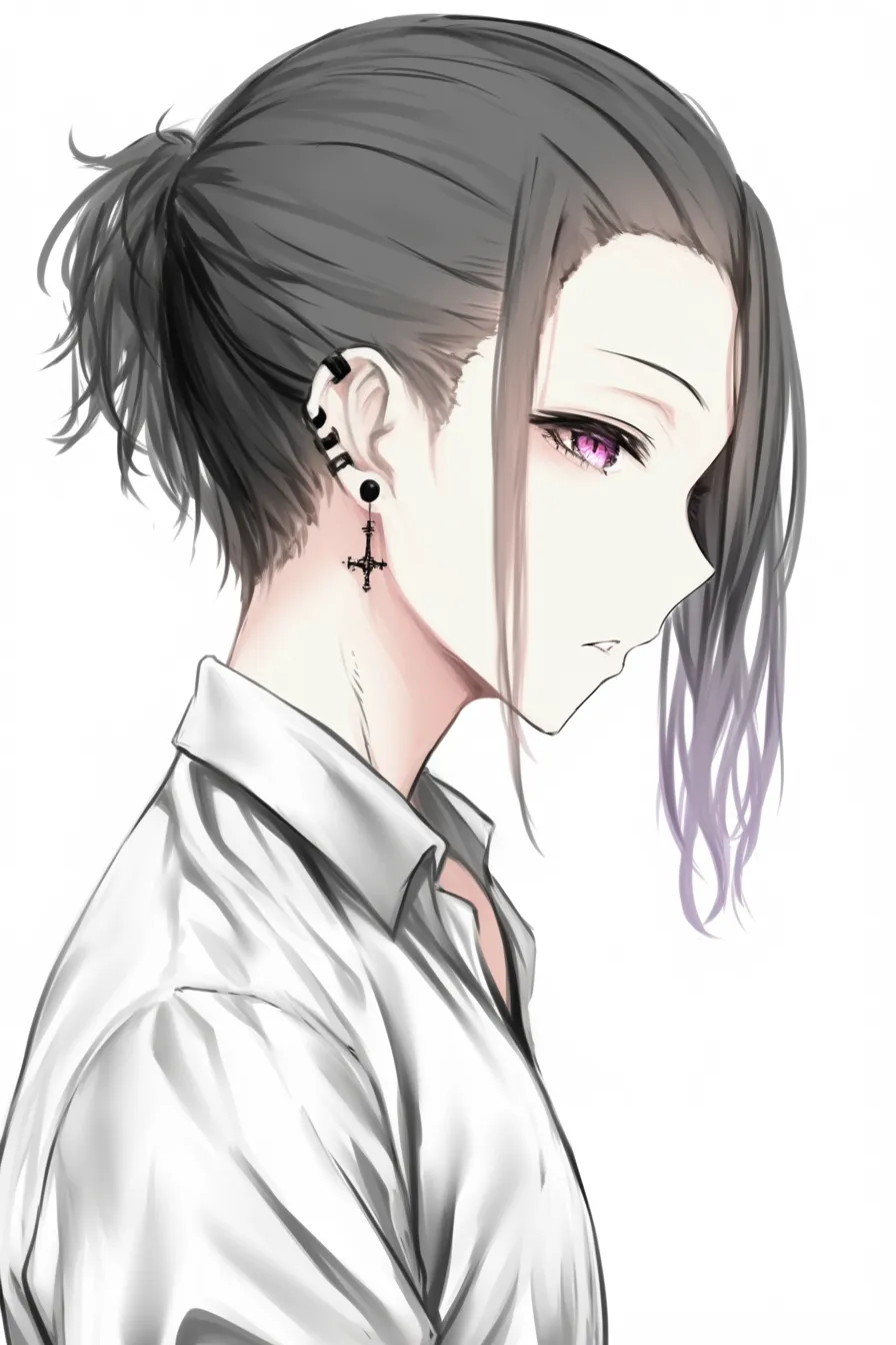 デコ出しの描き方・アシメアレンジ｜【基本構造】髪を後ろにまとめつつ、片側だけ長い前髪を残す描き方です。後頭部はコンパクトに結んでいます。<br>【演出の方向性】非対称の前髪が個性を際立たせ、イヤーカフやピアスとの組み合わせでモード感やスタイリッシュさを強調しています。<br>
