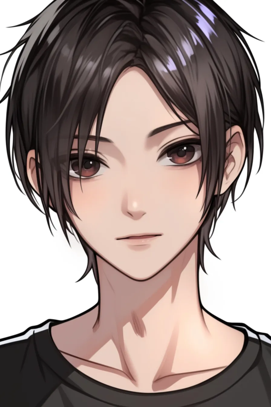デコ出しの描き方・柔和アレンジ｜【基本構造】短めの髪を緩やかにまとめ、額を自然に見せる描き方です。両サイドの毛先は耳に沿わせています。<br>【演出の方向性】前に残した毛束が硬さを和らげ、柔和で親しみやすい雰囲気を引き立てています。<br>