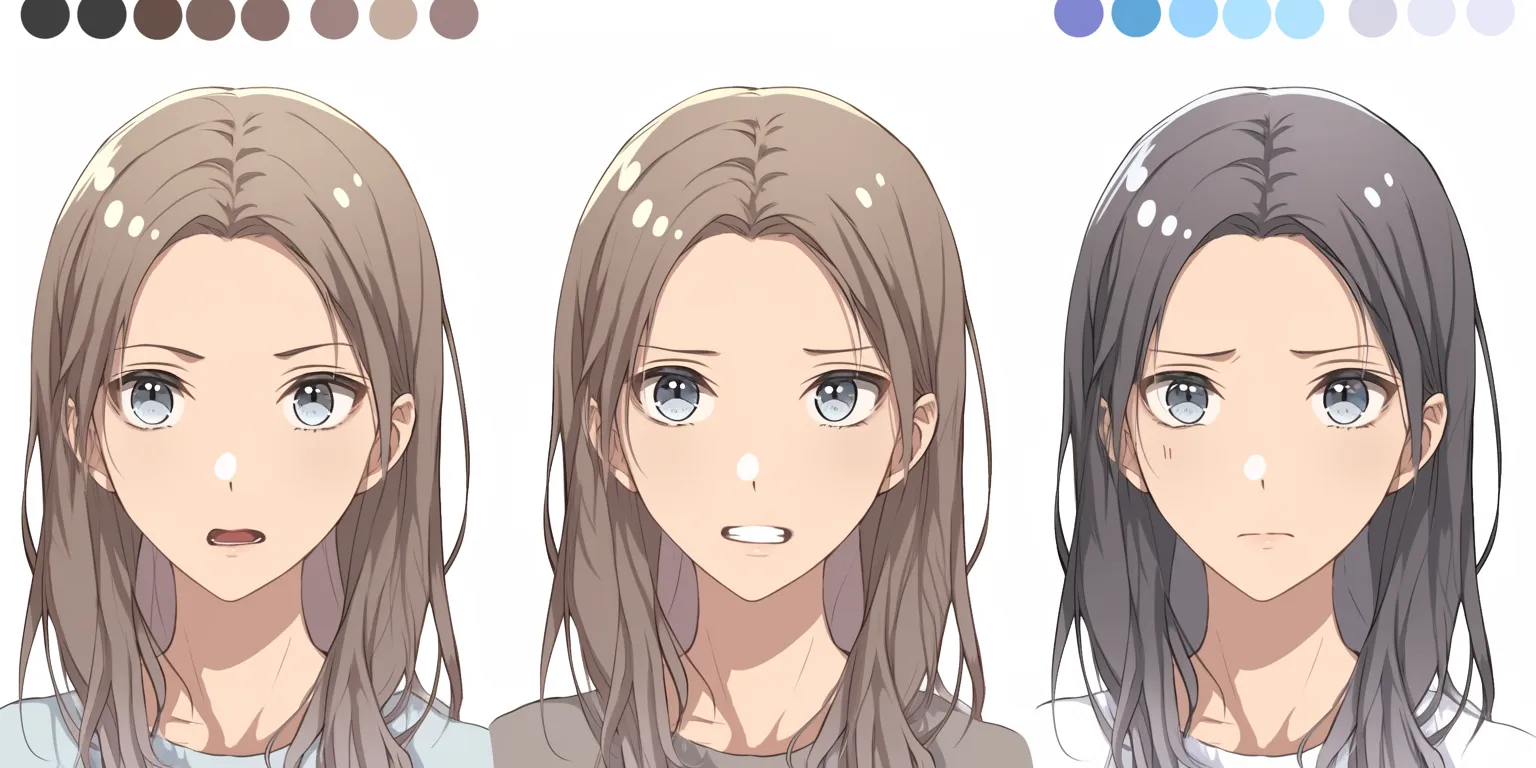 髪型のカラーバリエーション｜【基本構造】同じ髪型に異なる色彩を重ねる描き方で、配色サンプルを伴った3体を正面に並べています。<br>【演出の方向性】髪色によって印象が大きく変化し、暖色は活発さ、寒色は冷静さ、中間色は自然さを表現します。髪型そのものの汎用性を示す演出です。<br>