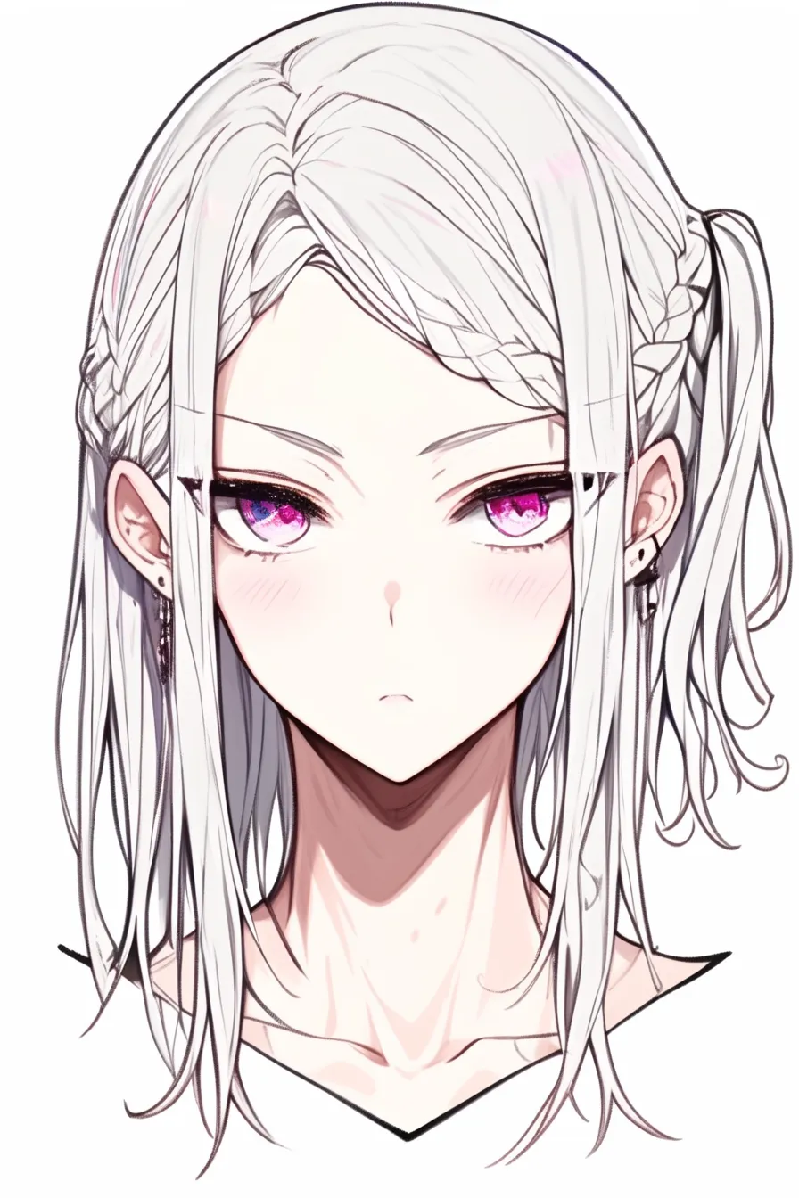 デコ出しの描き方・編み込みアレンジ｜【基本構造】前髪を左右に編み込み、額を全面的に見せる描き方です。毛先はサイドで軽く結んでいます。<br>【演出の方向性】編み込みの装飾性が華やかさを加え、強い視線と合わせることでデコ出しが凛とした気品を漂わせています。<br>