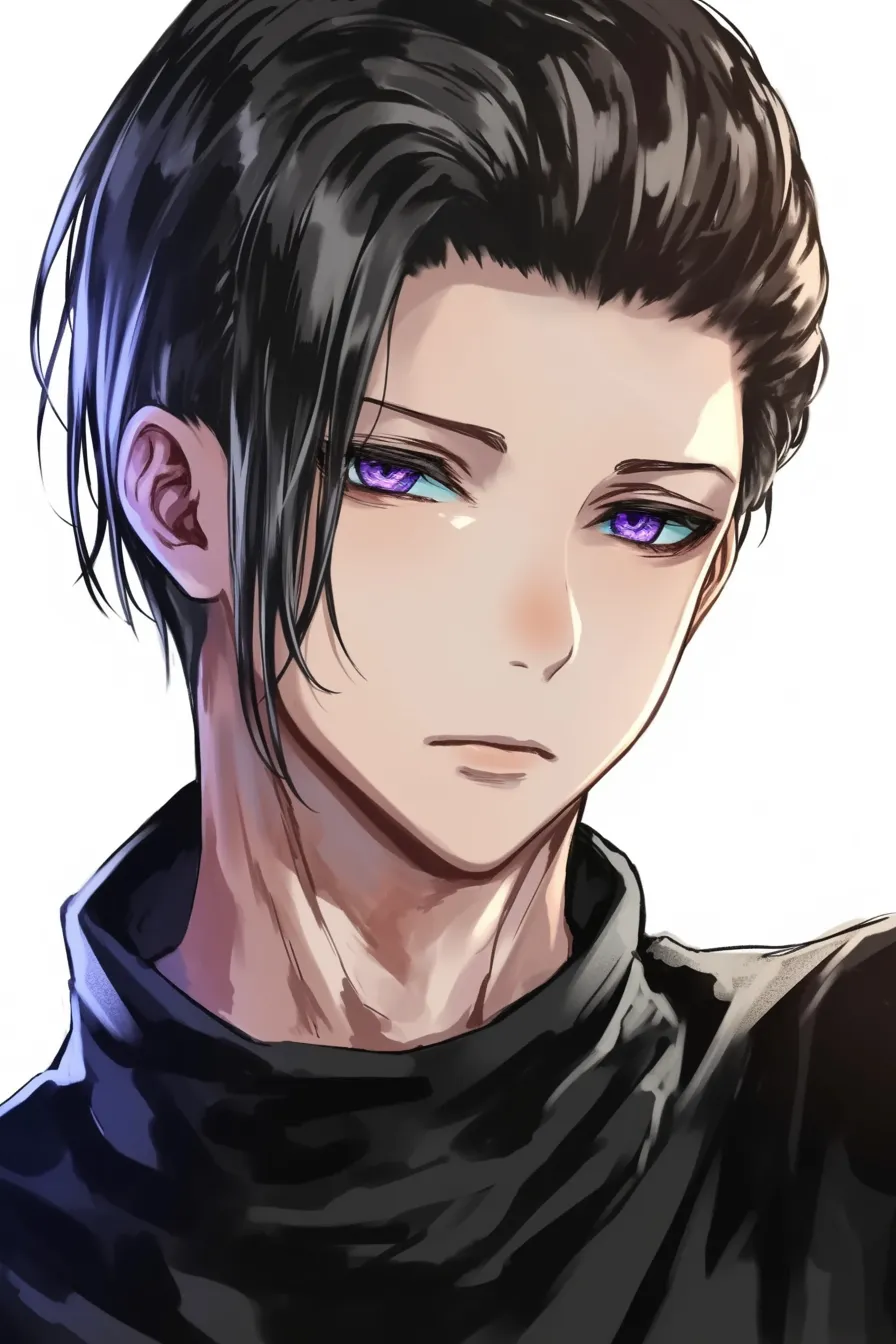 オールバックの紫がかった瞳｜【基本構造】後方へ撫で上げた髪型を描き方として整理し、目元の印象を際立たせるように正面寄りの角度で配置しています。<br>【演出の方向性】鮮やかな瞳の彩度を際立たせることで、静かな表情の中に鋭さと艶やかさを同居させています。<br>