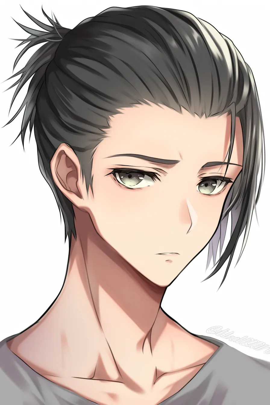 オールバックの束ね髪｜【基本構造】髪を後方でひとまとめにする描き方で、輪郭や首筋がより露わになり、顔の比率がすっきりと見えます。<br>【演出の方向性】結わえた後れ毛が柔らかさを加え、端正な中にも人間味や穏やかさを感じさせます。<br>