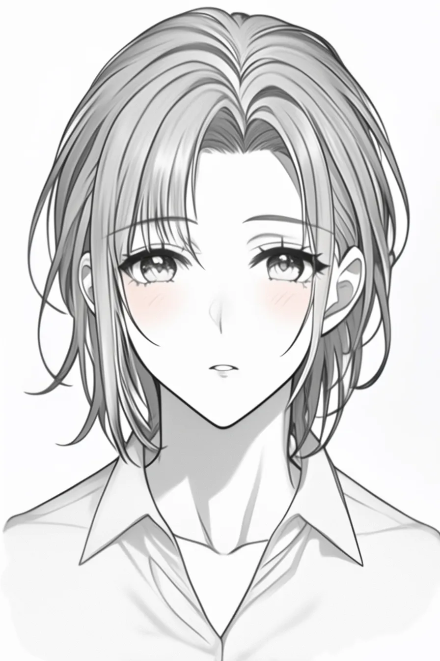 生え際の前髪カット｜【基本構造】前髪を中央から分け、生え際を整然と見せる描き方で、顔の中心線を強調しています。<br>【演出の方向性】頬の赤みと整った生え際のコントラストが、親しみやすさと初々しさを両立させています。<br>