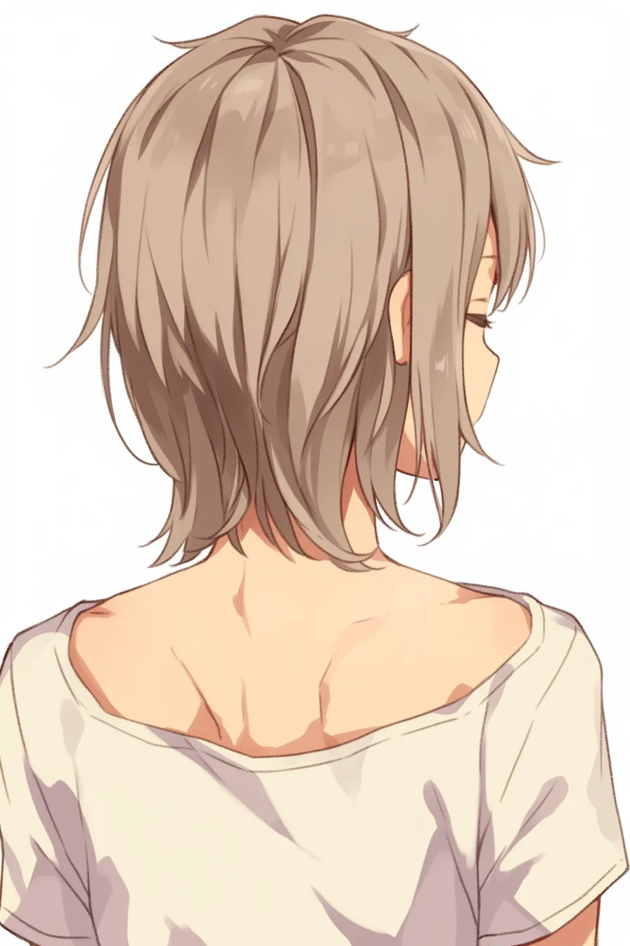 後ろ髪のセミショート｜【基本構造】肩にかからない程度の長さを均等に整える描き方で、首筋のラインを強調しています。<br>【演出の方向性】柔らかい毛流れとナチュラルな光沢が、落ち着きと清潔感を漂わせています。<br>