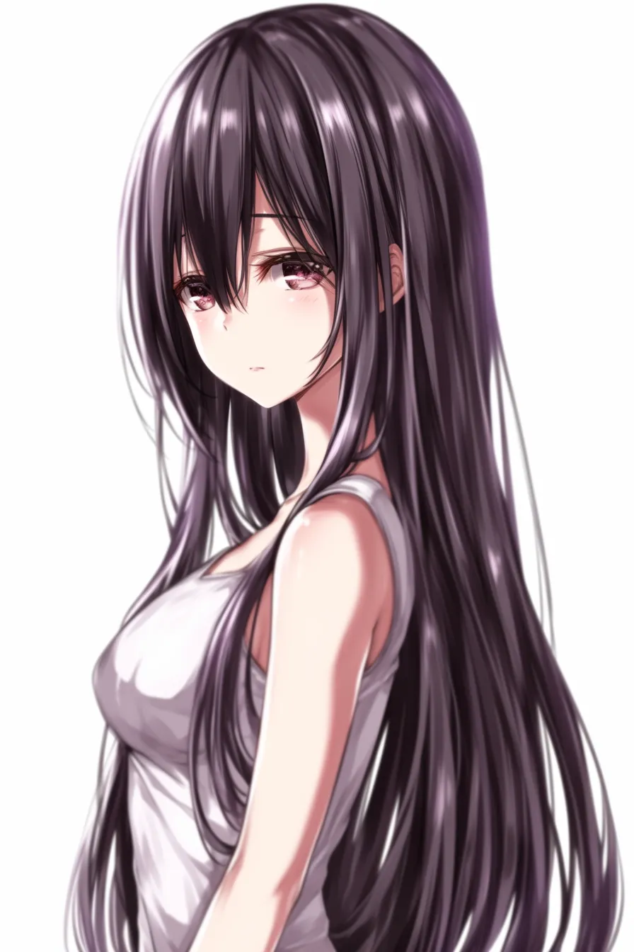 黒髪ロングの横顔シルエット｜【基本構造】体を斜めに傾けた横顔構図で、腰まで届くストレートを滑らかに整理した描き方です。前髪は目にかかり、奥行きを作っています。<br>【演出の方向性】伏し目がちな瞳と艶やかな髪が落ち着いた雰囲気を漂わせ、控えめな印象を与えています。<br>