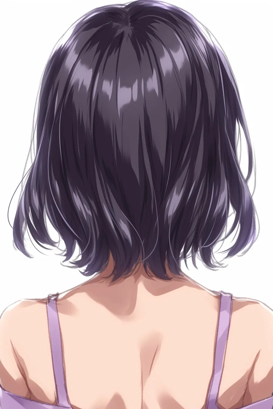 後ろ髪のボブ｜【基本構造】肩上で切りそろえたボブを後頭部からふんわり広げる描き方で、丸みを強調しています。<br>【演出の方向性】光沢の表現によって髪が柔らかく見え、落ち着きつつも女性らしい親しみやすさが生まれています。<br>