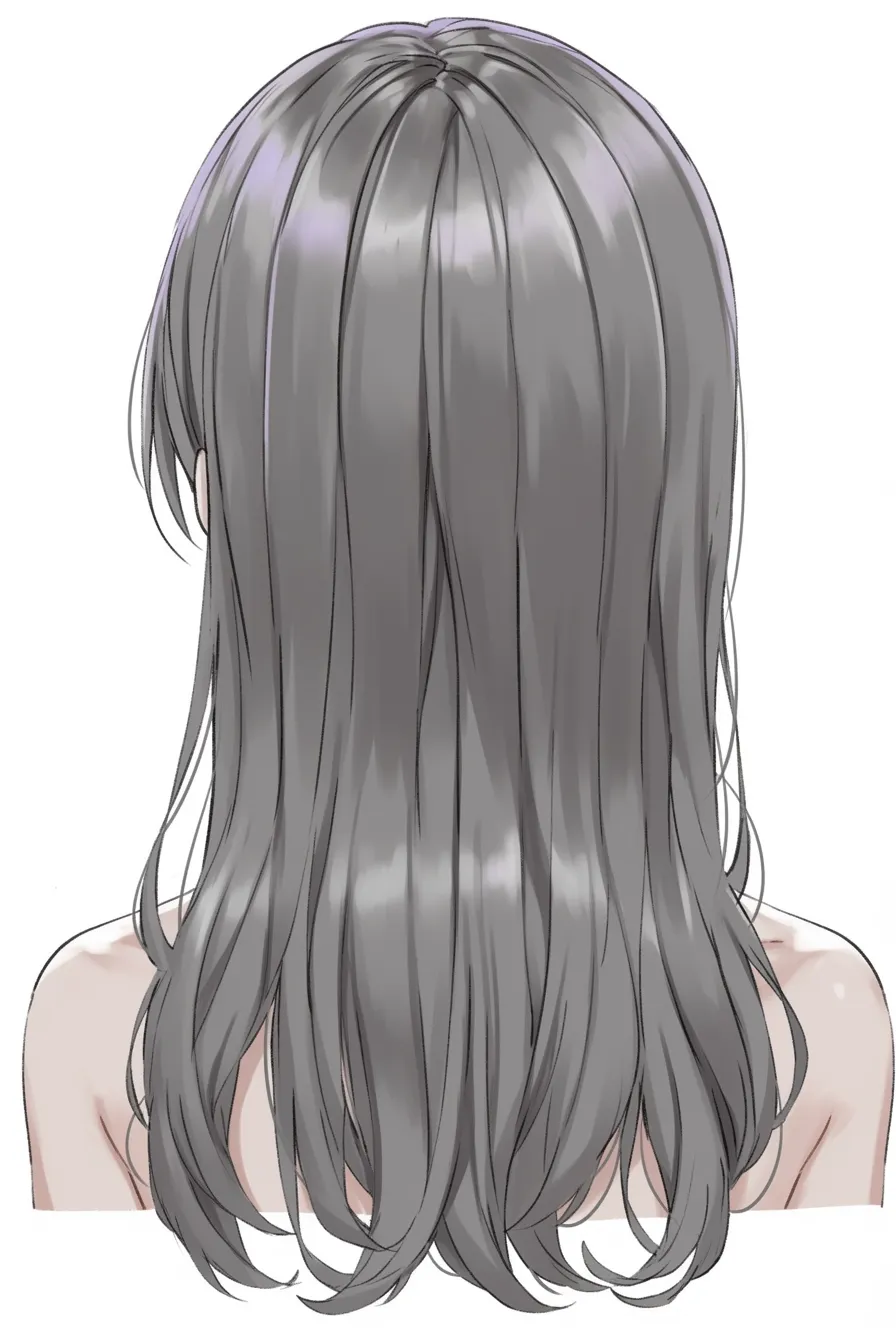 後ろ髪のストレートロング｜【基本構造】背中まで届く髪をまっすぐに垂らす描き方で、縦のラインをくっきり見せています。<br>【演出の方向性】均等に流れる毛束が端正さを強調し、静かな存在感を与えています。<br>