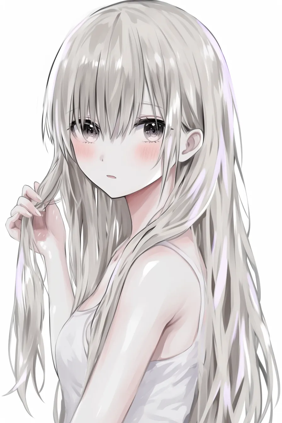 ロングの手ぐし｜【基本構造】片手で毛先をつまみ、ロングを自然に散らす描き方で、肩から腕にかけての動きを加えています。<br>【演出の方向性】頬の赤みと髪の柔らかい光沢が合わさり、恥じらいと親しみやすさを同時に表現しています。<br>