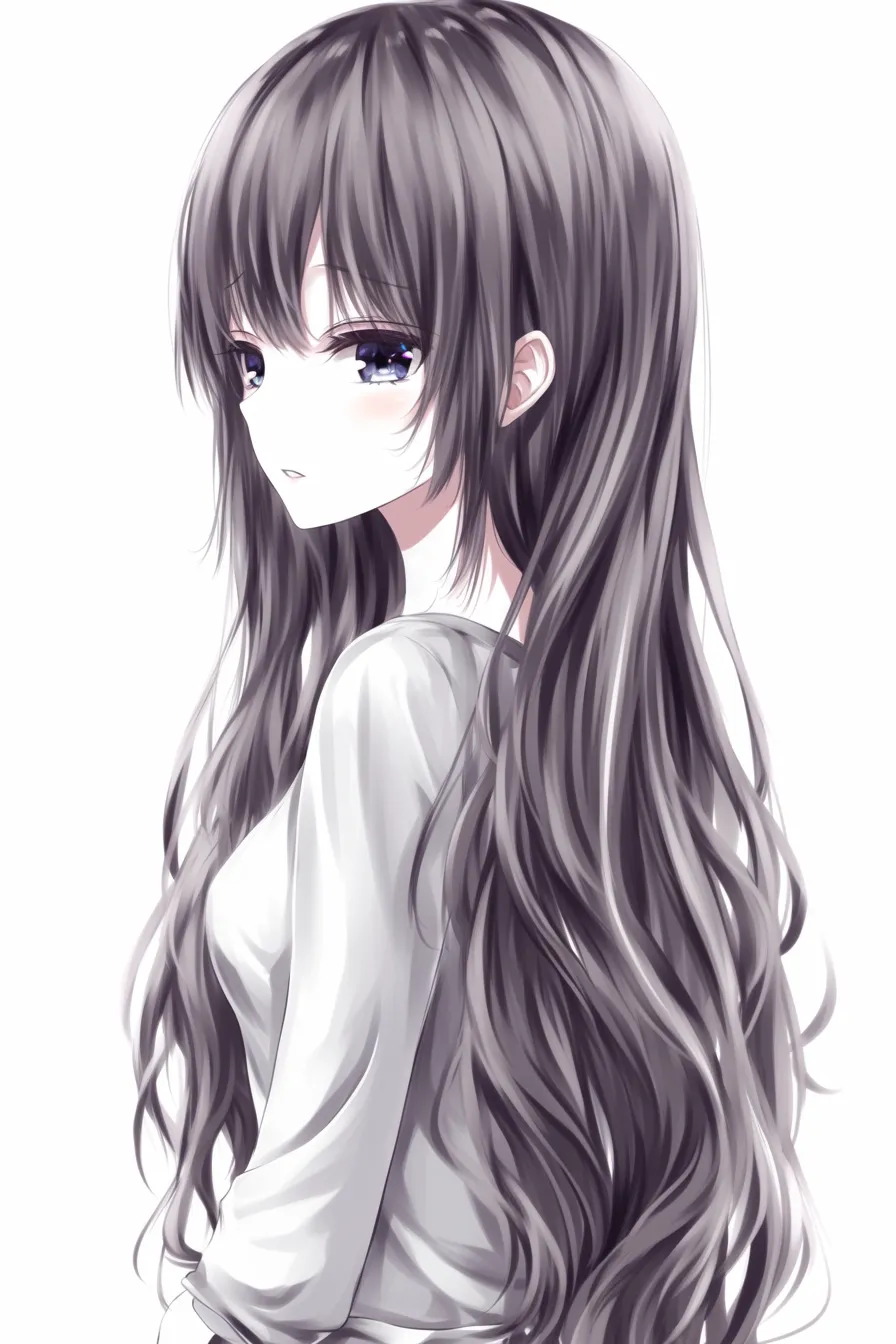 ロングの黒髪ウェーブ｜【基本構造】全体を波打つように流すロングを描き、体の曲線と調和させています。<br>【演出の方向性】髪の動きが柔らかさと憂いを強め、静けさの中に感情の深みを漂わせています。<br>