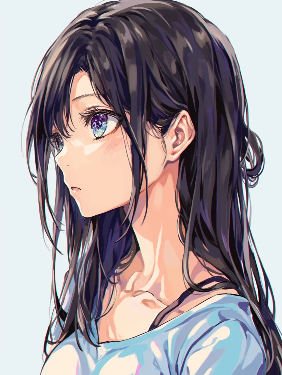 黒髪ロングの光彩演出｜【基本構造】斜め横顔の描き方で、前髪から後髪まで細かい毛束を強調し、目元には鮮やかなハイライトを配置しています。<br>【演出の方向性】瞳の輝きと髪の光がリンクし、幻想的で鮮烈な印象を作り出しています。<br>