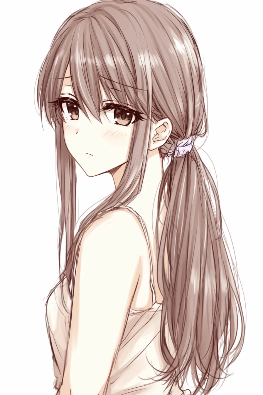 ロングのまとめ髪アレンジ｜【基本構造】サイドを束ねて後方にまとめ、ロングを下ろす描き方で、輪郭をすっきり見せています。<br>【演出の方向性】まとめた部分のアクセントが清楚さを強調し、落ち着きと気品を感じさせます。<br>