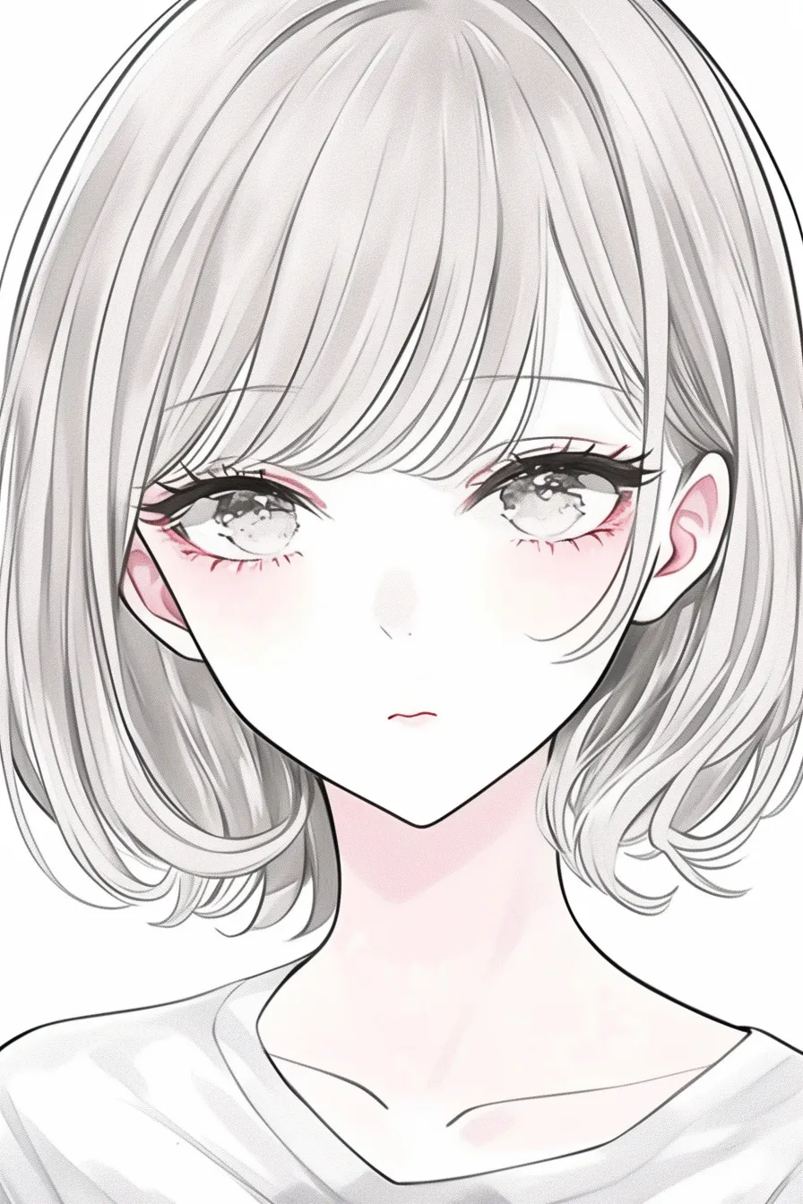 セミロングの透明感｜【基本構造】白を基調とした服装に、首回りをすっきり見せる髪型の描き方で全体を整理しています。<br>【演出の方向性】瞳や肌の淡いグラデーションを生かすことで、透明感のある静謐な雰囲気を引き出しています。<br>