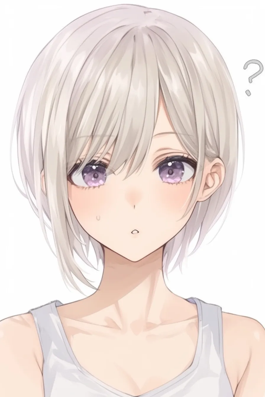 ボブの驚き｜【基本構造】正面向きの顔に短めの髪が頬へ沿う描き方で、口元を小さく開けて驚きを表しています。<br>【演出の方向性】紫の瞳に光を集め、汗マークと「？」を添えることで戸惑いのニュアンスを強調しています。<br>