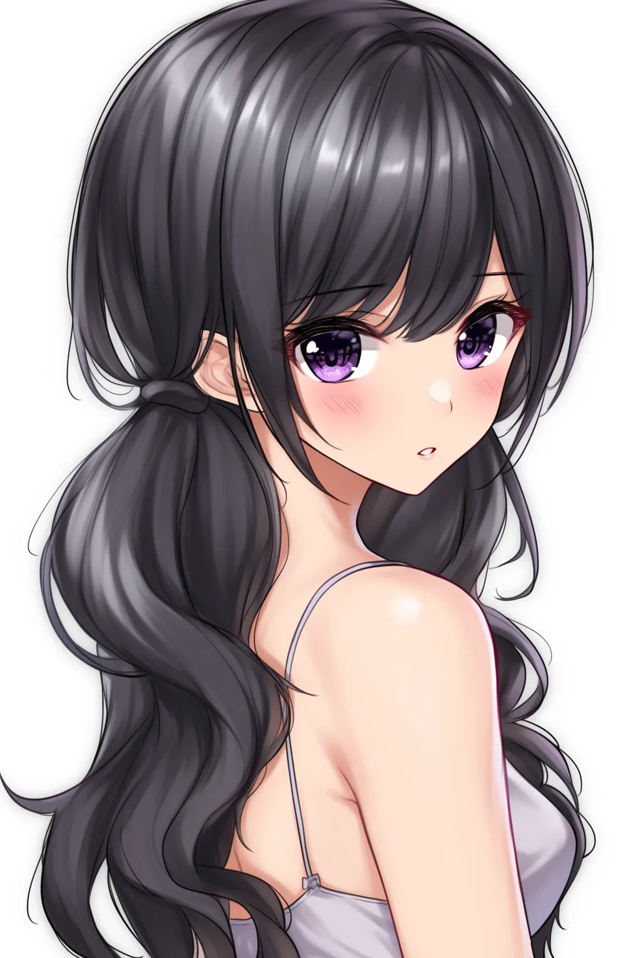 黒髪ロングのツイン結び｜【基本構造】髪を両側で束ねて結び、毛先を大きくカールさせた描き方です。後ろ髪のボリュームを強調しています。<br>【演出の方向性】丸みのある髪の流れが愛らしさを際立たせ、視線の強さと対比して幼さと大人っぽさを同時に表現しています。<br>