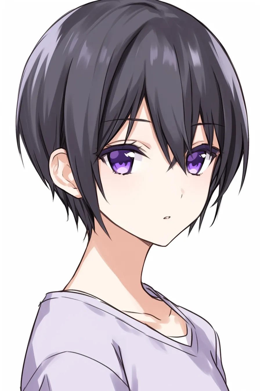 ショートの無垢｜【基本構造】短めの髪を丸みを持たせて描き方で整理し、顔周りをすっきり見せています。<br>【演出の方向性】大きな紫の瞳と閉じ気味の口元が純真さを漂わせ、落ち着いたかわいらしさを表現しています。<br>