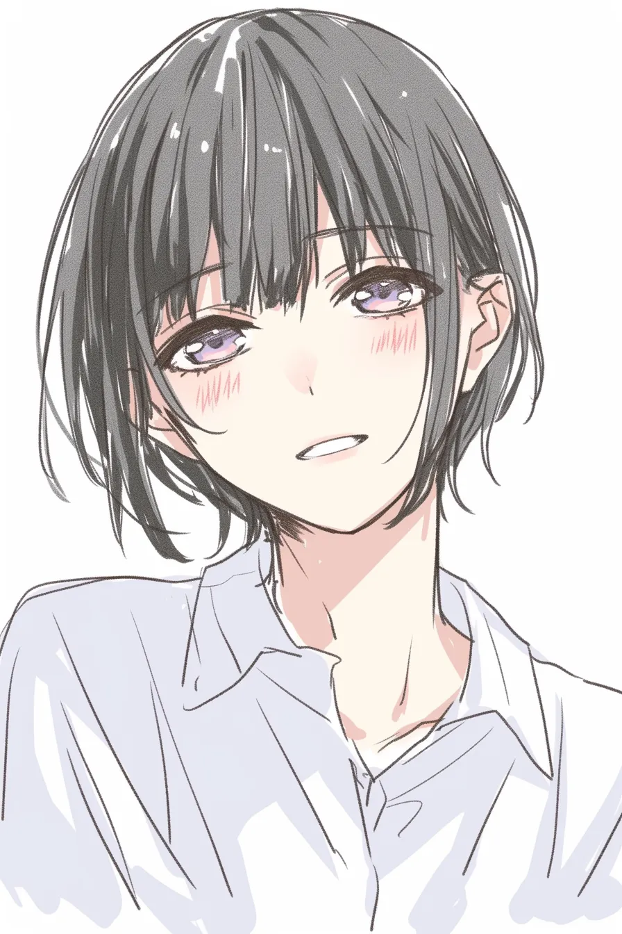 ショートの甘やかさ｜【基本構造】やや乱れ気味の髪を短くまとめ、ラフな線で描き方を施しています。<br>【演出の方向性】照れたように緩んだ笑みと赤らんだ頬が甘さを増し、無防備なかわいらしさを演出しています。<br>