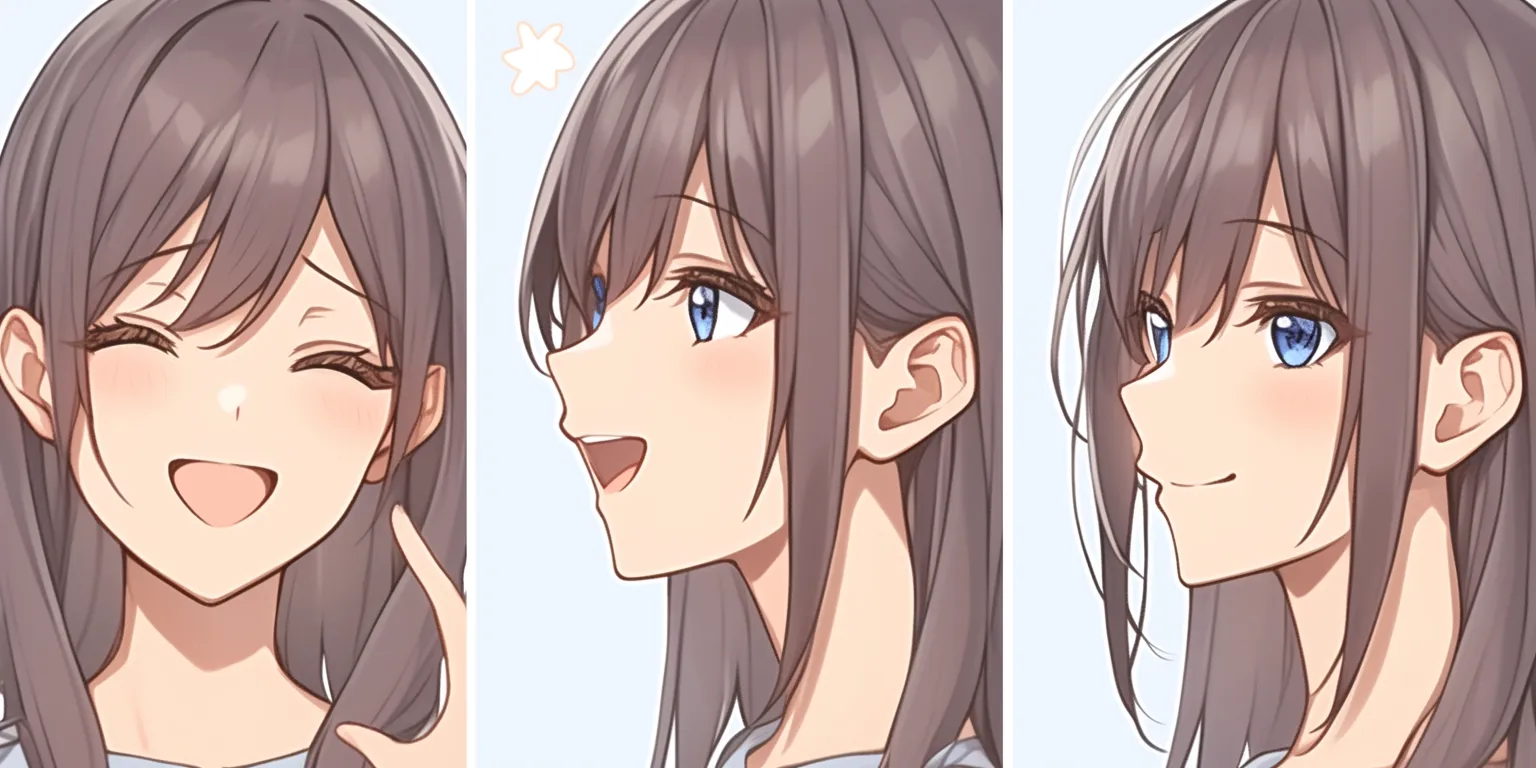 髪ハイライトの多角表情｜【基本構造】正面・横顔・斜めと角度を変えた描き方で髪の毛束ごとに異なるハイライトを配置し、表情の変化を明確に示しています。<br>【演出の方向性】笑いや語りかけの動きに合わせて髪の光の流れが変化し、表情の感情とリンクしています。髪の輝きが表現の幅を広げ、感情の多彩さを印象付けます。<br>