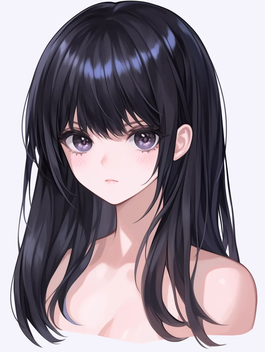 黒髪ロングの素直な視線｜【基本構造】鎖骨下までのストレートを基本にし、やや軽く毛束を散らす描き方です。<br>【演出の方向性】控えめな表情とシンプルな髪型が純粋さを強調し、誠実な印象を与えています。<br>