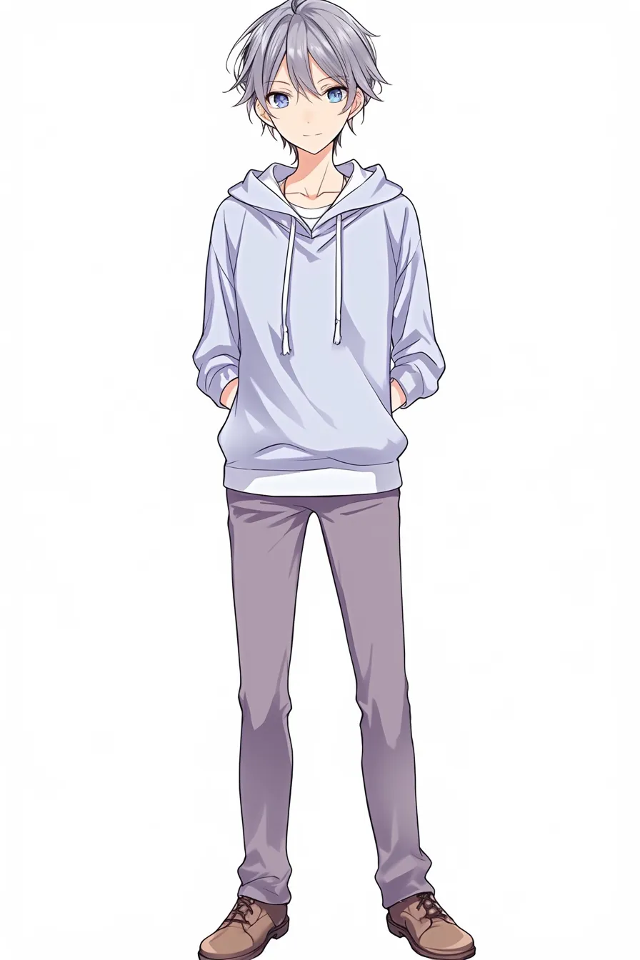 ショートの軽快｜【基本構造】全身を立ち姿で描き方し、フード付きパーカーと細身のパンツでスタイルをまとめています。<br>【演出の方向性】ポケットに手を入れた余裕あるポーズが軽快さを強調し、気取らないかっこよさを伝えています。<br>