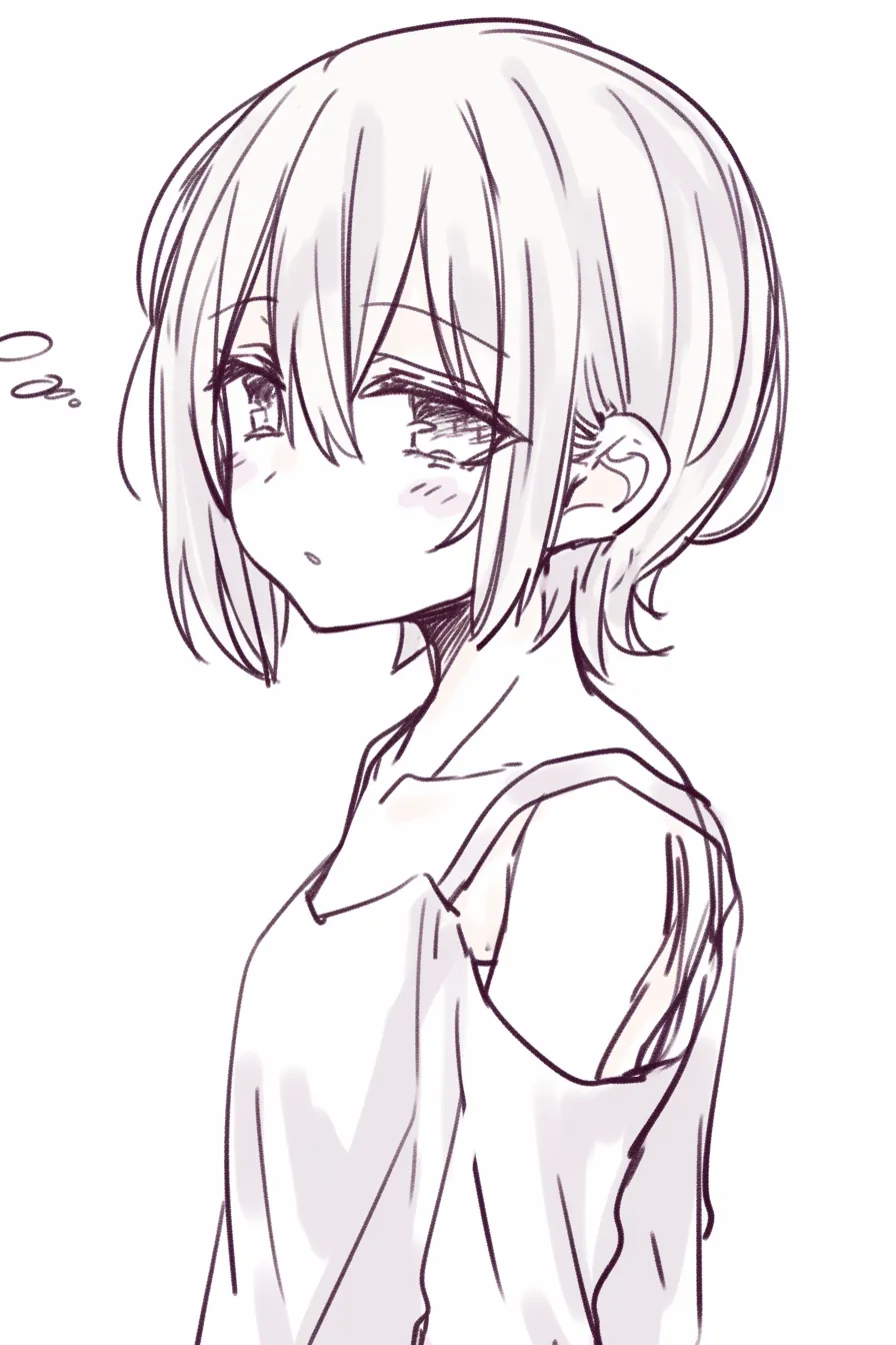 ボーイッシュの無垢｜【基本構造】やや体をひねり、ラフな衣服を合わせた描き方で軽快な印象を与えています。<br>【演出の方向性】あどけない目元と口の緩い表情が、幼さを残した可愛らしいボーイッシュ感を表現しています。<br>