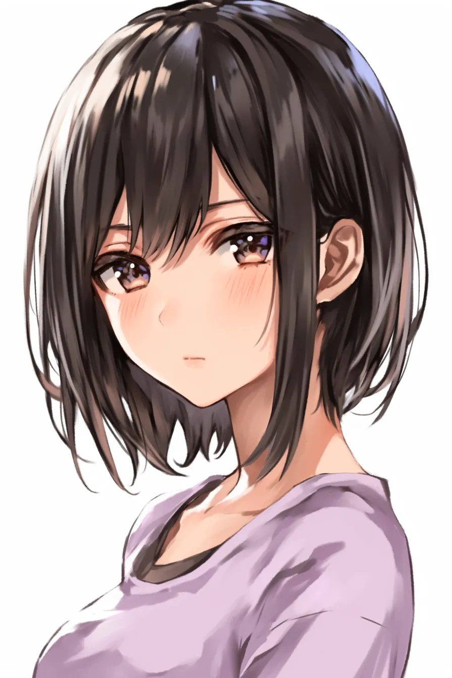 おかっぱの照れ｜【基本構造】黒髪を頬に沿わせるようなおかっぱの描き方で、肩を軽くすぼめています。<br>【演出の方向性】伏し目と赤らんだ頬が恥じらいを際立たせ、控えめで愛らしい印象を与えています。<br>