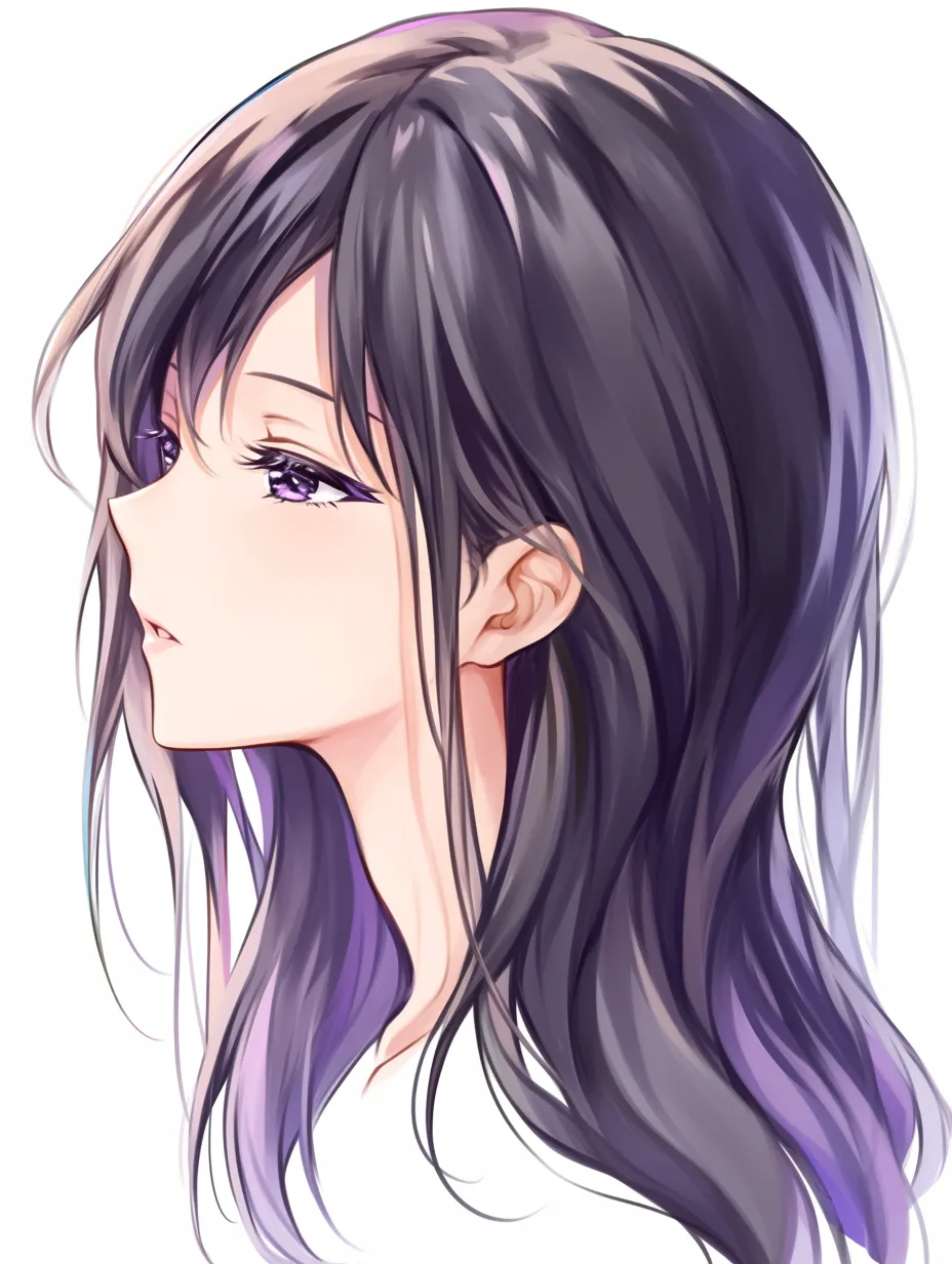 黒髪ロングの紫グラデーション｜【基本構造】黒髪の毛先に紫色を混ぜた描き方で、横顔を基調に髪の流れを緩やかに整えています。<br>【演出の方向性】色の変化が神秘性を増し、静かな表情と調和して落ち着いた美しさを演出しています。<br>