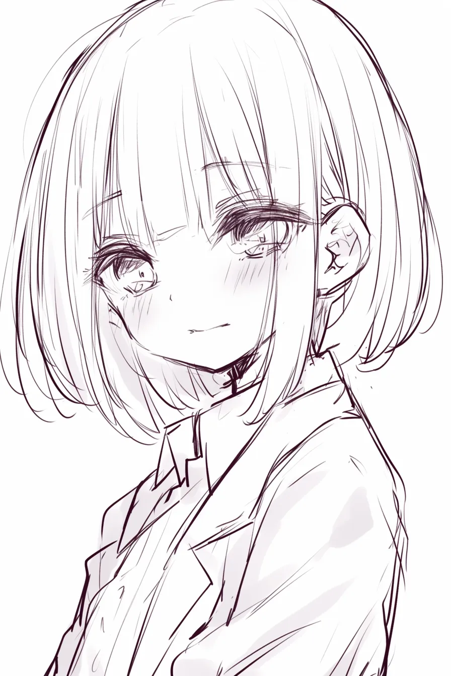 おかっぱの無邪気｜【基本構造】丸みを帯びた髪型をラフ線で描き、制服風の襟を合わせています。<br>【演出の方向性】柔らかな微笑みと頬の赤みが幼さを残し、無邪気なかわいらしさを伝えています。<br>