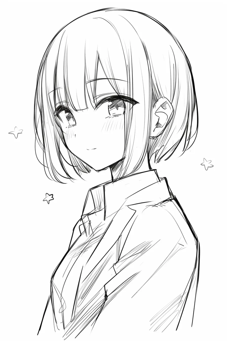 おかっぱの爽やか｜【基本構造】ラフな線で肩までの髪を描き、シンプルに仕上げる描き方です。<br>【演出の方向性】自然な笑みと柔らかな目線が爽やかさを際立たせ、軽やかな魅力を加えています。<br>