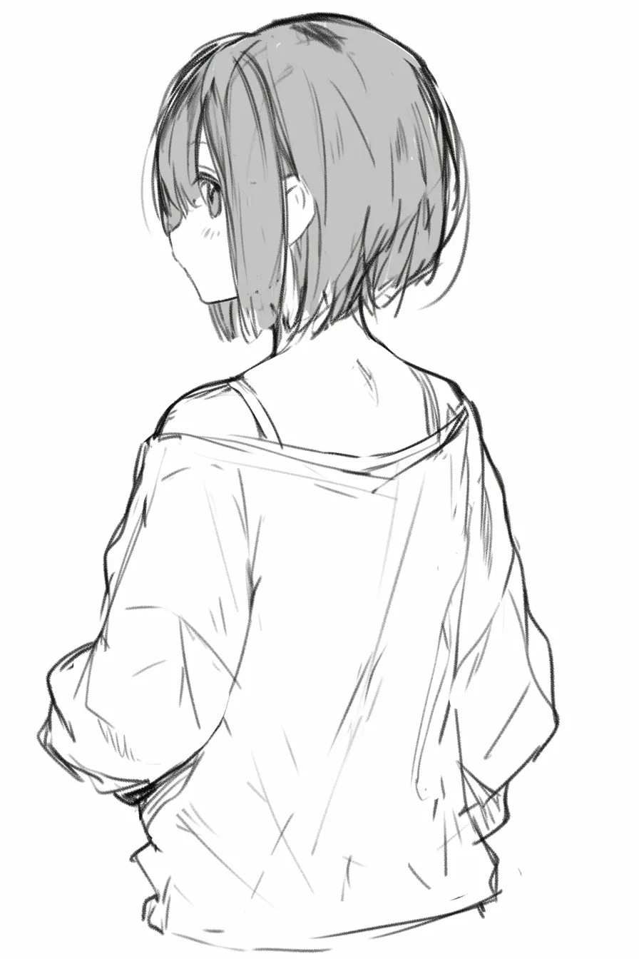 おかっぱの優美｜【基本構造】後ろ姿を基調に、おかっぱの髪をふんわりと広がる描き方で表現しています。<br>【演出の方向性】振り返るような仕草により、控えめながら優美で柔らかな印象を強調しています。<br>