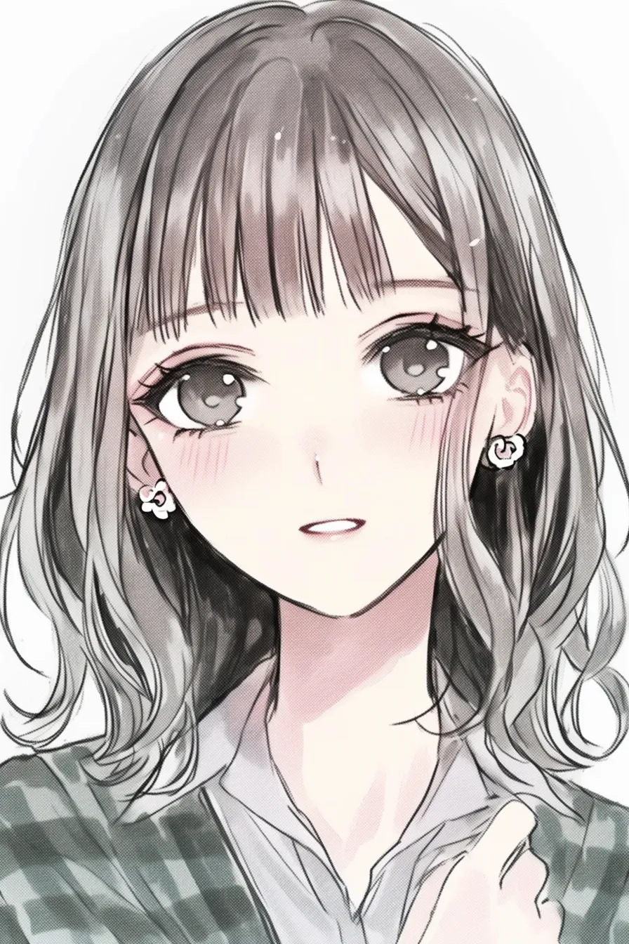パーマの清楚｜【基本構造】セミロングに自然なカールを加え、前髪はきれいに整えた描き方を採用。<br>【演出の方向性】透明感のある微笑と髪の光沢が、清楚で品のある魅力を強調しています。<br>