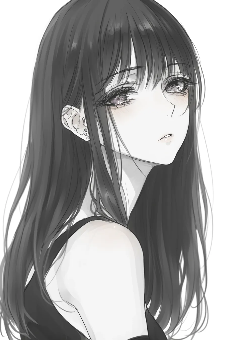 黒髪ロングのモノクロ演出｜【基本構造】グレースケールの描き方で、髪を胸下まで長く伸ばし、シルエットを強調しています。<br>【演出の方向性】モノトーンの質感が幻想的で静謐な雰囲気を作り出し、ミステリアスな印象を深めています。<br>