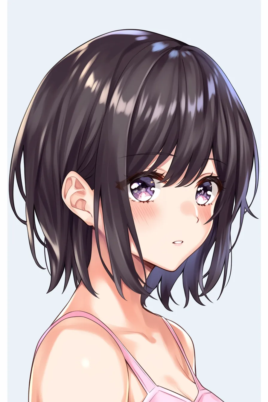 黒髪ボブの横顔｜【基本構造】肩のラインに沿うように短めの黒髪をまとめ、頬や顎の輪郭をくっきり見せる描き方を意識しています。瞳は光を反射させ、顔の傾きで柔らかさを演出しています。<br>【演出の方向性】黒髪の艶感を強調することで透明感が増し、静かで落ち着いた印象を与えます。頬の赤みが控えめな感情の動きを示しています。<br>