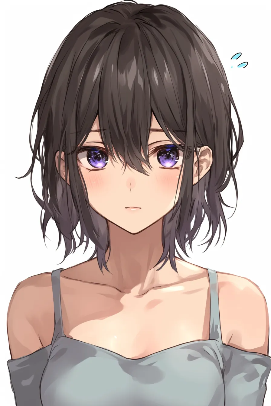 黒髪ボブの正面視線｜【基本構造】真正面からのシンプルな構図で、均等に配置された目鼻立ちを描き方として整理し、髪は目元にかかる自然な動きを残しています。<br>【演出の方向性】紫色の瞳に光を集め、髪の影を強めに落とすことで内向的な雰囲気を表現。控えめな表情が思索的な印象を生み出しています。<br>