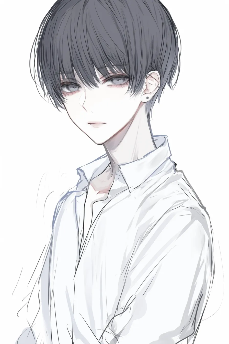 かっこいいマッシュの冷静な眼差し｜【基本構造】顔を正面から捉え、目を細めた描き方で理知的に見せています。髪は均等に整え、白い衣装で引き立てています。<br>【演出の方向性】灰色の瞳と淡白な表情が冷静な雰囲気を作る。感情を抑えた演出が知的で大人びた魅力につながっています。<br>
