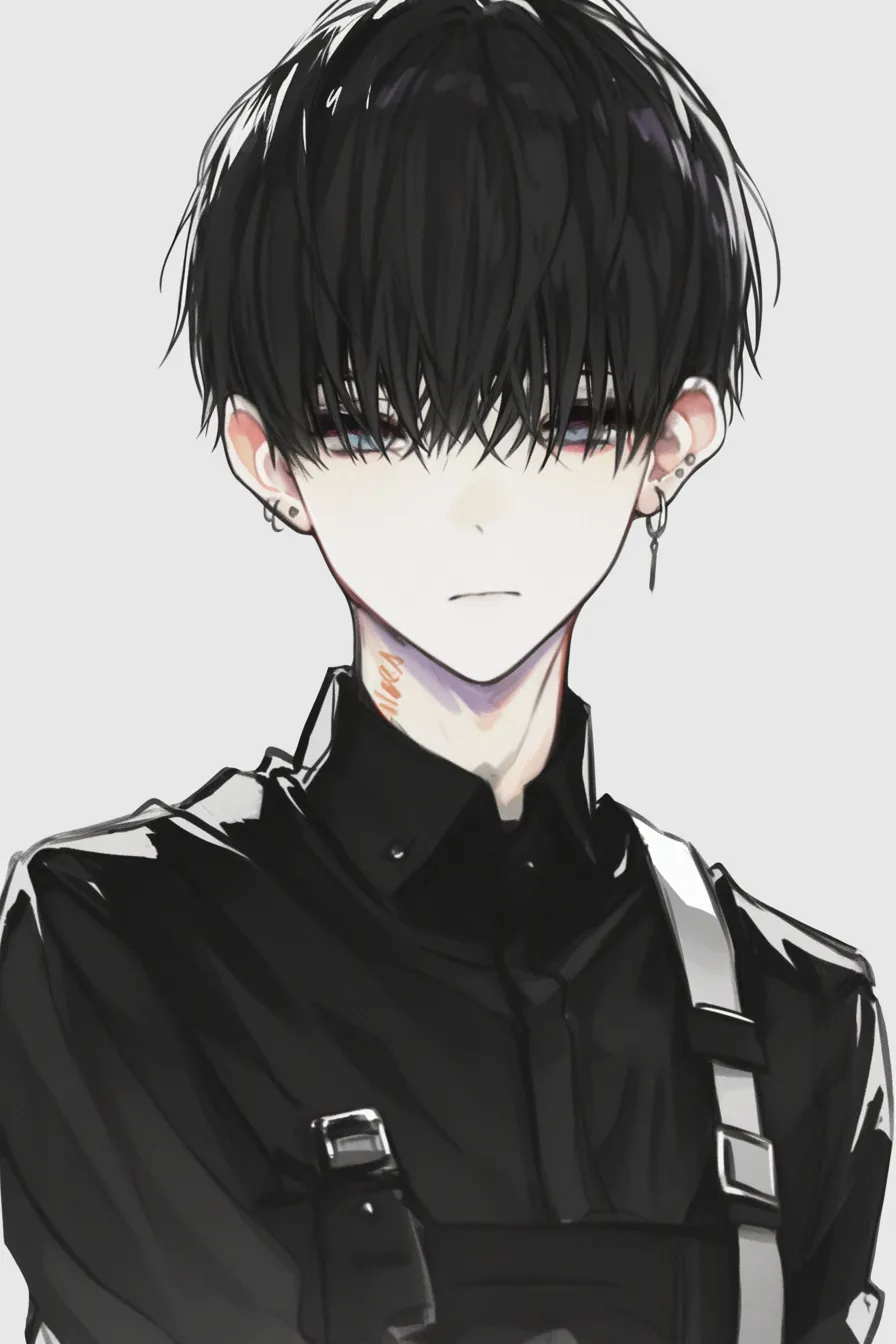かっこいいマッシュの不敵な存在感｜【基本構造】顔を前髪でほとんど隠す描き方。直立した姿勢と黒い衣装で強さを前面に出しています。<br>【演出の方向性】視線が隠れることで謎めいた雰囲気を強調。ミリタリーテイストの衣装と無表情が圧倒的な存在感を放っています。<br>