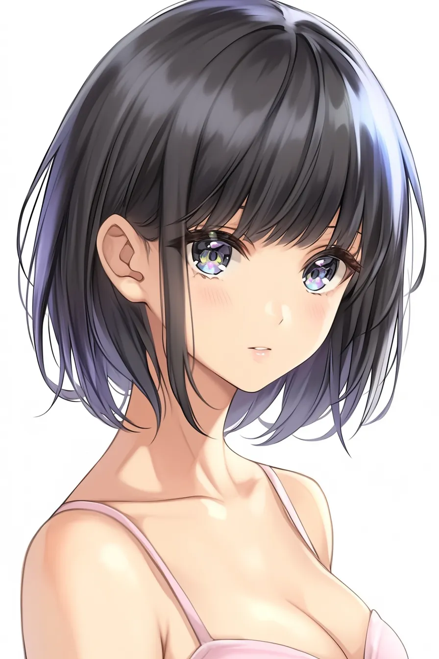 黒髪ボブの斜め視線｜【基本構造】顔を軽く傾けた角度から描き方を整え、首から鎖骨のラインを柔らかく示しています。髪の外ハネで動きが加わり、単調さを避けています。<br>【演出の方向性】瞳に複数の輝きを重ねることで、無言ながらも内面の感情が伝わるように演出。黒髪の深みに青紫の差し色を加え、清涼感を漂わせています。<br>