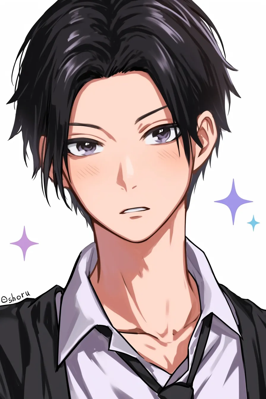 センターパートの爽やかさ｜【基本構造】前髪を中央から整え、首元をすっきり見せる描き方で、視線はまっすぐ前方を向いています。<br>【演出の方向性】頬の赤みや背景の記号的な星が、清潔感と軽やかな明るさを引き立てています。<br>