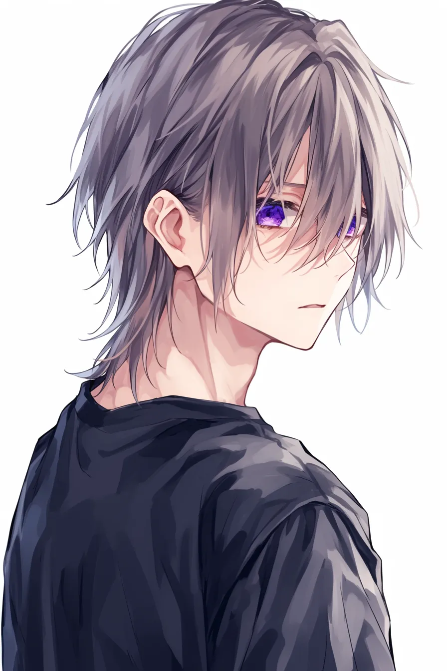 ウルフ男の孤独感｜【基本構造】長めの前髪が片目にかかる描き方で、肩越しに振り返る構図を用いています。<br>【演出の方向性】深い色の瞳と硬い影付けが、孤独や内向的な感情を強調しています。<br>