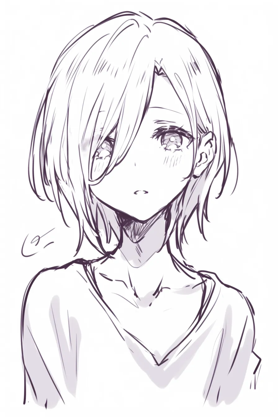 ウルフ女の子の無垢さ｜【基本構造】片目に前髪をかけ、コンパクトなウルフカットを描き方として整理し、正面気味の構図にしています。<br>【演出の方向性】大きな瞳と弱々しい口元が、儚く守りたくなるような印象を与えています。<br>