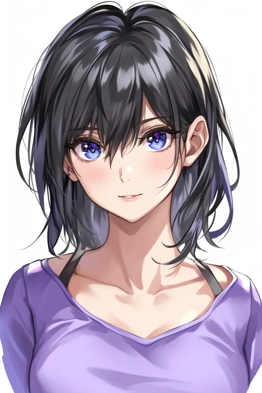 黒髪ボブの微笑み｜【基本構造】目尻を軽く持ち上げ、口元を柔らかく描き方でまとめることで、微笑の雰囲気を形にしています。肩の角度をやや傾け、自然なリズムをつけています。<br>【演出の方向性】瞳の青さを強調し、黒髪の陰影に紫がかる色味を加えることで、明るく親しみやすい印象を生み出します。全体に軽やかな温かみをまとわせています。<br>