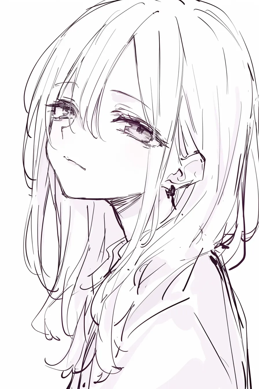 ウルフ女の子の退廃感｜【基本構造】毛先を長めに散らしたウルフの描き方で、首を反らし気味にして視線を下げています。<br>【演出の方向性】目元の影と無表情に近い口元が、退廃的で妖しい印象を強めています。<br>