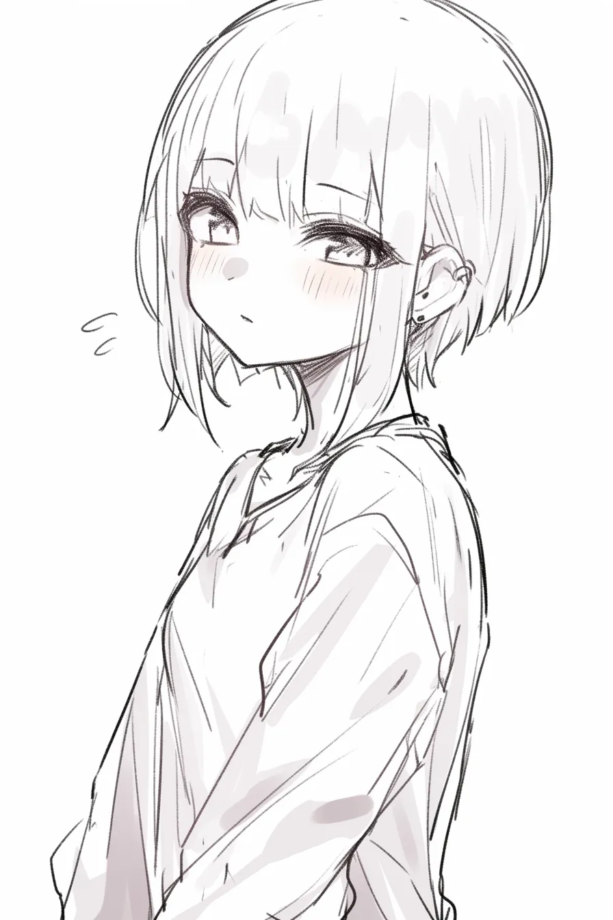 ウルフ女の子の幼さ｜【基本構造】輪郭を丸みのある描き方で仕上げ、コンパクトなウルフを首元に沿わせています。<br>【演出の方向性】頬の赤みとわずかな口の動きが、年下らしいあどけなさを表現しています。<br>