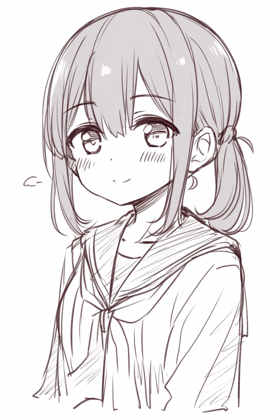 一つ結びの純真さ｜【基本構造】顔まわりに前髪を残しつつ後ろで一つに束ねる描き方で、セーラー服が清楚さを強調しています。<br>【演出の方向性】丸みのある瞳と穏やかな口元が、無邪気で素直な印象を与えています。<br>