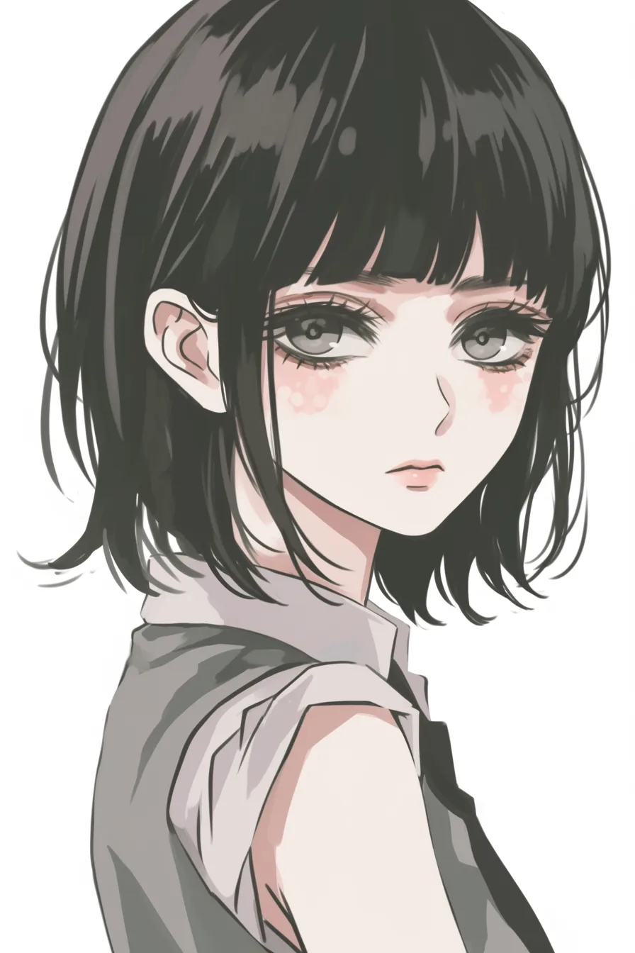 黒髪ボブのレトロ調｜【基本構造】切り揃えた前髪とシンプルなボブラインを意識した描き方で、目元を強調する骨格に仕上げています。服装も直線的なラインで統一。<br>【演出の方向性】彩度を抑えた色調でクラシカルな雰囲気を作り出し、表情を控えめにすることで静謐な印象に。灰色がかった黒髪がノスタルジックな質感を与えています。<br>