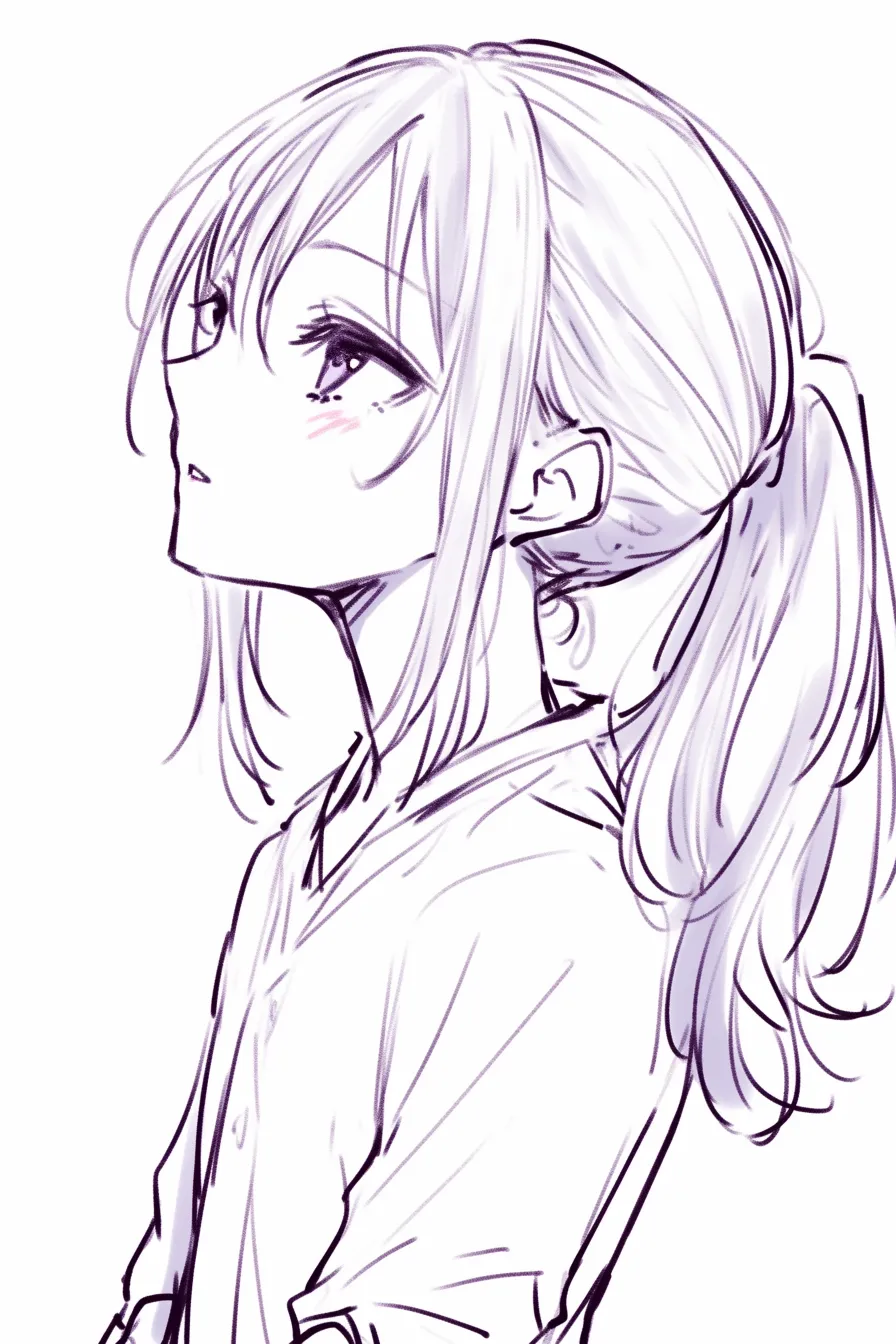 ポニーテールの快活さ｜【基本構造】高めに結んだ髪を大きく揺らすように描き、動きを強調しています。<br>【演出の方向性】大きな瞳と明るい表情が、元気で快活なイメージを演出します。<br>