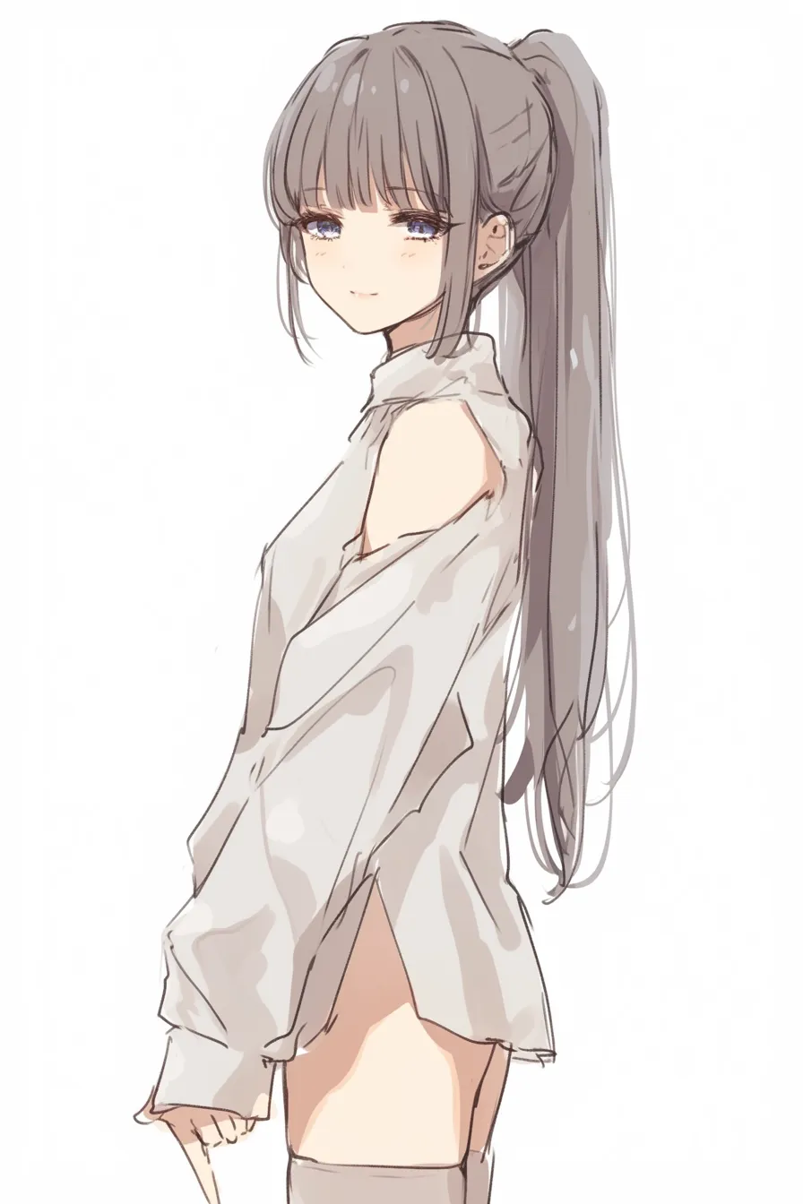 ポニーテールの描き方・ロングシルエット｜【基本構造】腰近くまで届く長い髪を高めにまとめ、背中に垂らす描き方です。髪の重みを意識して線を引いています。<br>【演出の方向性】長い毛束が女性らしさを強調し、にこやかな微笑みと相まって華やかさと優雅さを印象づけています。<br>